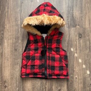 Mud Pie Red Black Buffalo Plaid Faux Fur Hooded Quilted Vest Baby Toddler 12-18M